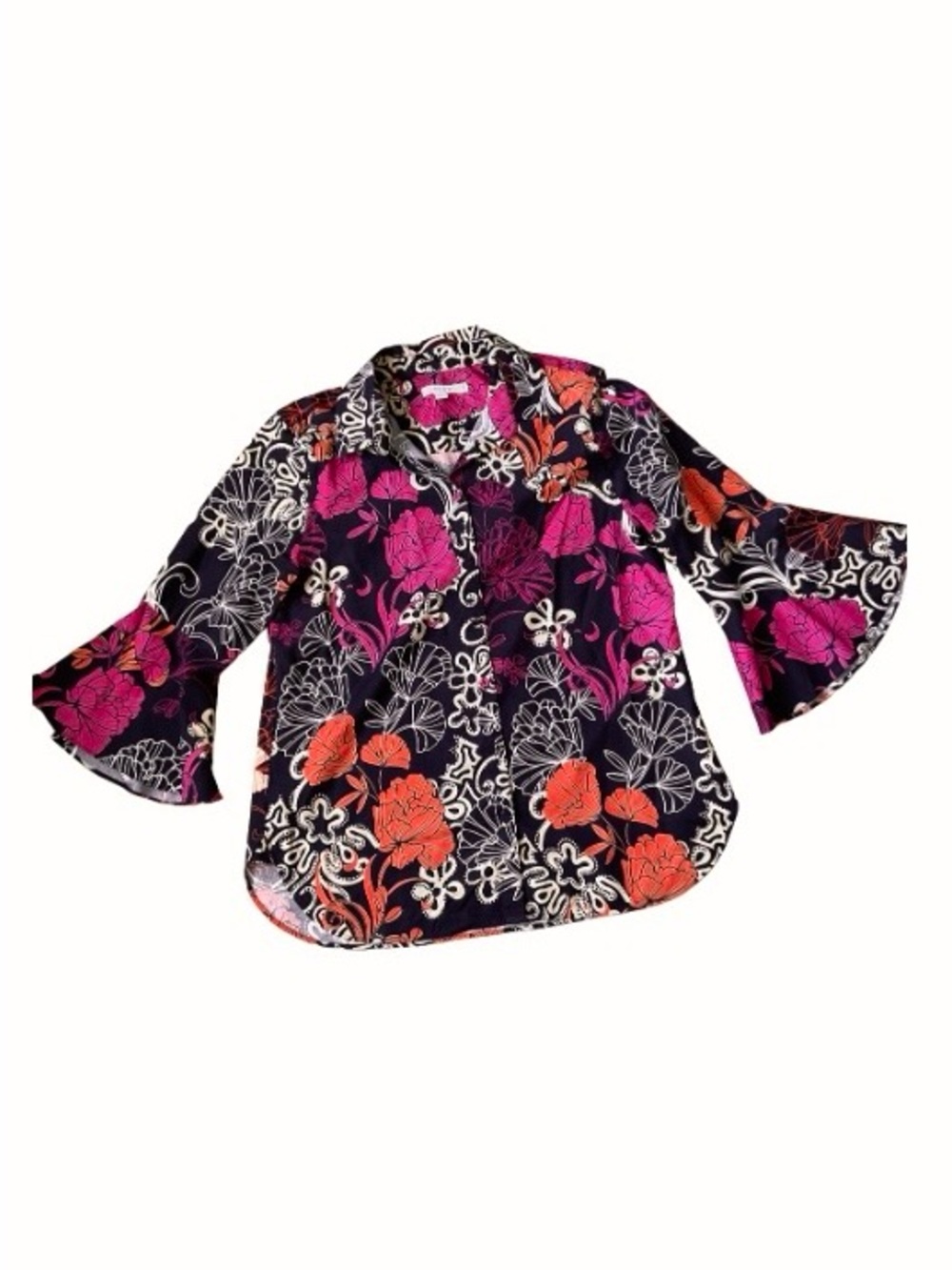 Chico’s Floral Button Front Shirt Bell Sleeves SZ 6 Artsy Modern Professional